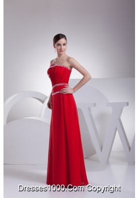 Ruching and Beading Red Prom Gowns with Asymmetrical Neckline