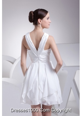 Ruffles and Ruching Decorated Princess V-neck White Prom Gowns