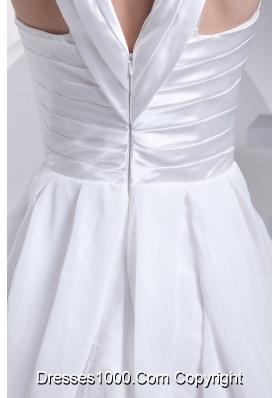 Ruffles and Ruching Decorated Princess V-neck White Prom Gowns