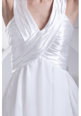 Ruffles and Ruching Decorated Princess V-neck White Prom Gowns