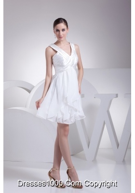 Ruffles and Ruching Decorated Princess V-neck White Prom Gowns