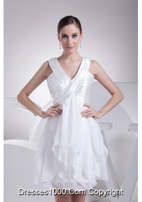 Ruffles and Ruching Decorated Princess V-neck White Prom Gowns
