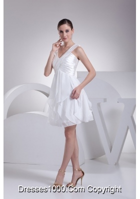 Ruffles and Ruching Decorated Princess V-neck White Prom Gowns