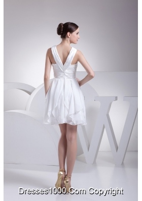 Ruffles and Ruching Decorated Princess V-neck White Prom Gowns