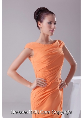 Sheath Cap Sleeves Scoop Tea-length Slit Prom Gowns in Orange