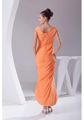 Sheath Cap Sleeves Scoop Tea-length Slit Prom Gowns in Orange