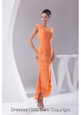 Sheath Cap Sleeves Scoop Tea-length Slit Prom Gowns in Orange