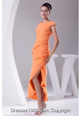 Sheath Cap Sleeves Scoop Tea-length Slit Prom Gowns in Orange