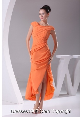 Sheath Cap Sleeves Scoop Tea-length Slit Prom Gowns in Orange