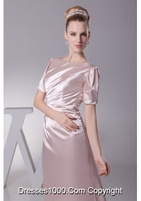 Simple Light Pink Scoop Short Sleeves Ruching Prom Dresses