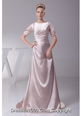 Simple Light Pink Scoop Short Sleeves Ruching Prom Dresses