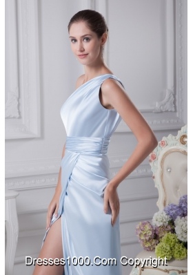 Single Shoulder Ankle-length Prom Dresses with Slit and Ruched Sash