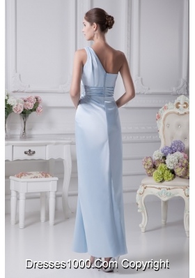 Single Shoulder Ankle-length Prom Dresses with Slit and Ruched Sash