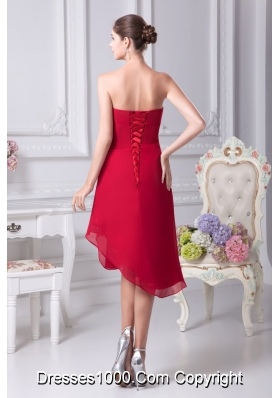 Strapless Red Prom Dresses with Asymmetrical Edge and White Appliques