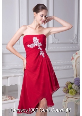 Strapless Red Prom Dresses with Asymmetrical Edge and White Appliques