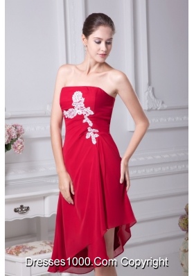 Strapless Red Prom Dresses with Asymmetrical Edge and White Appliques