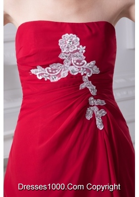 Strapless Red Prom Dresses with Asymmetrical Edge and White Appliques