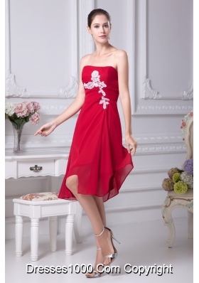 Strapless Red Prom Dresses with Asymmetrical Edge and White Appliques