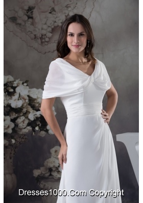 V-neck Buttrfly Sleeves Sash Sheath Floor-length Bridal Dresses