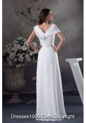 V-neck Buttrfly Sleeves Sash Sheath Floor-length Bridal Dresses