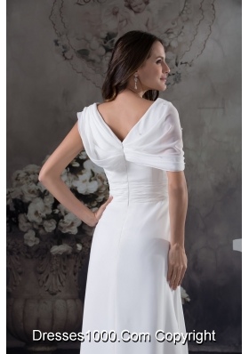 V-neck Buttrfly Sleeves Sash Sheath Floor-length Bridal Dresses