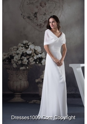 V-neck Buttrfly Sleeves Sash Sheath Floor-length Bridal Dresses