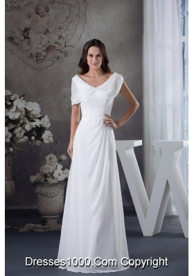 V-neck Buttrfly Sleeves Sash Sheath Floor-length Bridal Dresses