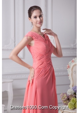 Watermelon Red Ruching V-neck Cap Sleeves Long Prom Dress