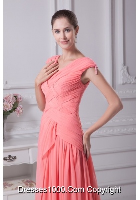 Watermelon Red Ruching V-neck Cap Sleeves Long Prom Dress