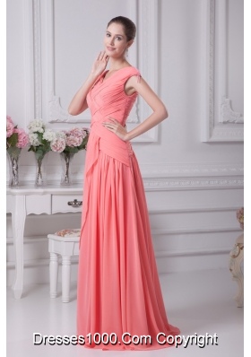 Watermelon Red Ruching V-neck Cap Sleeves Long Prom Dress