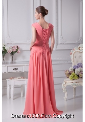 Watermelon Red Ruching V-neck Cap Sleeves Long Prom Dress