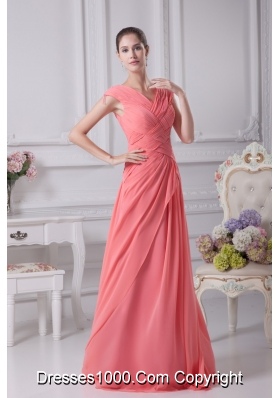 Watermelon Red Ruching V-neck Cap Sleeves Long Prom Dress