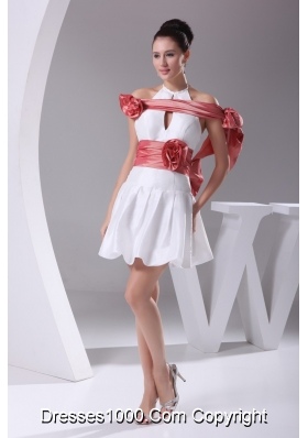White Halter Prom Dress with Hollow Out and Coral Red Flower Sash