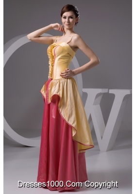 Yellow and Watermelon Long Prom Gown Dress with Spaghetti Straps
