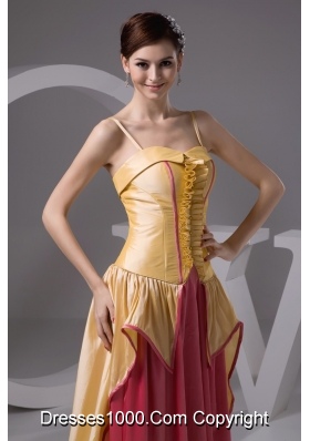 Yellow and Watermelon Long Prom Gown Dress with Spaghetti Straps