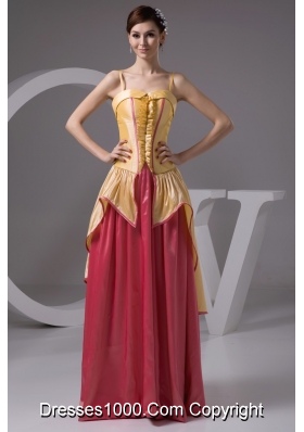 Yellow and Watermelon Long Prom Gown Dress with Spaghetti Straps