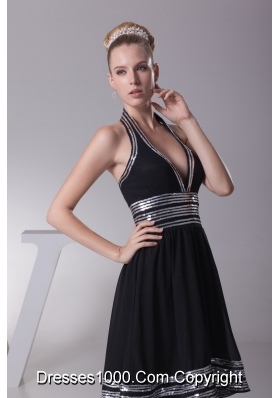 A-line Halter Top Plunging Neckline back Out Prom Dress with Pailettes