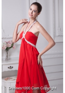 Appliques with Beading Decorated Halter Prom Dresses with Ruffled Edge