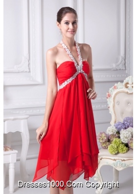 Appliques with Beading Decorated Halter Prom Dresses with Ruffled Edge