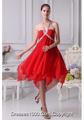 Appliques with Beading Decorated Halter Prom Dresses with Ruffled Edge
