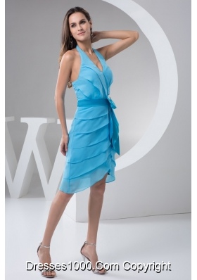 Aqua Blue Halter Prom Holiday Dress with Bowknot Decoration