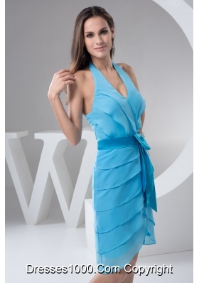 Aqua Blue Halter Prom Holiday Dress with Bowknot Decoration