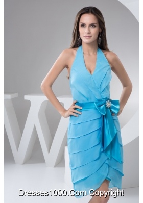 Aqua Blue Halter Prom Holiday Dress with Bowknot Decoration