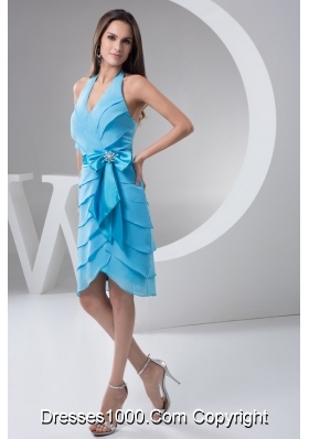 Aqua Blue Halter Prom Holiday Dress with Bowknot Decoration