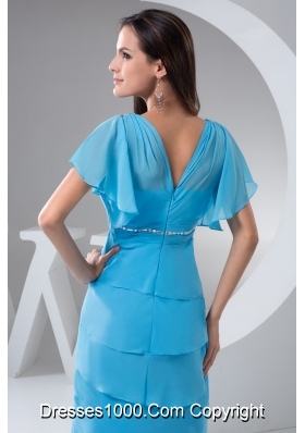 Aqua Blue V-neck Ruffle-layers Prom Dresses with Gore Sleeve