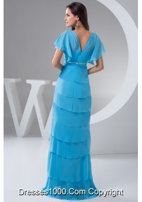 Aqua Blue V-neck Ruffle-layers Prom Dresses with Gore Sleeve