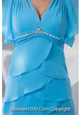 Aqua Blue V-neck Ruffle-layers Prom Dresses with Gore Sleeve