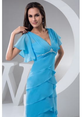 Aqua Blue V-neck Ruffle-layers Prom Dresses with Gore Sleeve