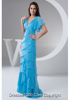 Aqua Blue V-neck Ruffle-layers Prom Dresses with Gore Sleeve