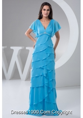 Aqua Blue V-neck Ruffle-layers Prom Dresses with Gore Sleeve